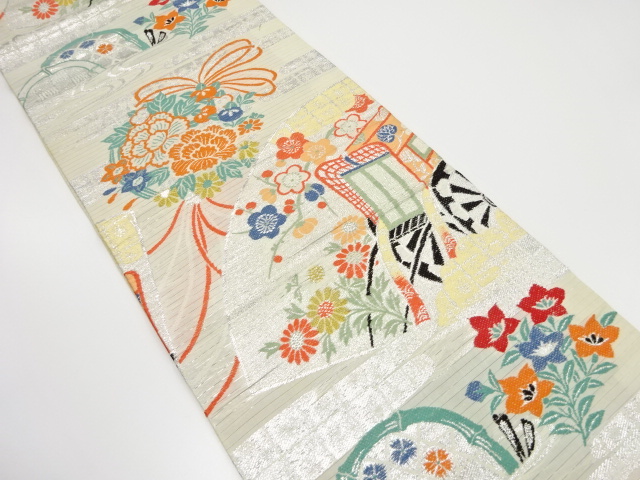 アンティーク　絽地紙に御所車・花薬玉模様織出し丸帯（材料）